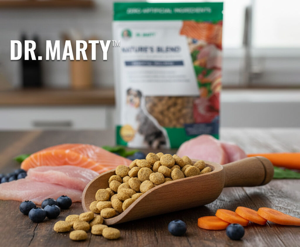 Package of Dr. Marty’s Nature’s Blend freeze-dried raw dog food on a wooden table.