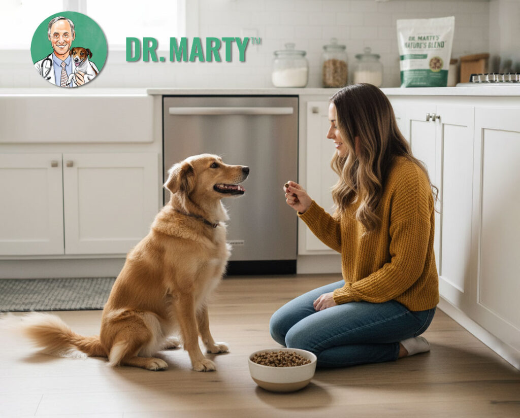 Woman bonding with her healthy, happy dog after feeding Dr. Marty’s dog food.