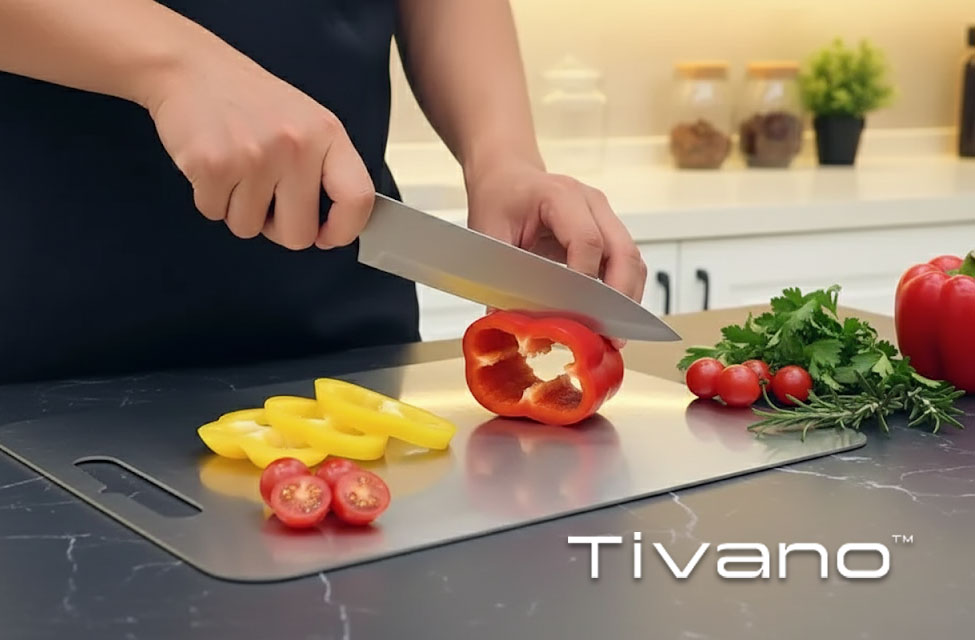 Fresh vegetables being sliced on the Tivano cutting board