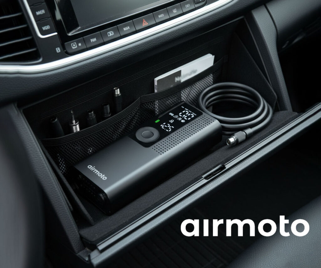 Portable Airmoto air pump with detachable hose and carrying case