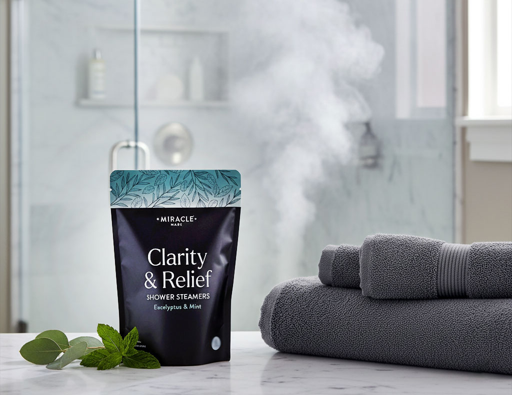 Miracle Made shower steamer fizzing and releasing essential oils in shower