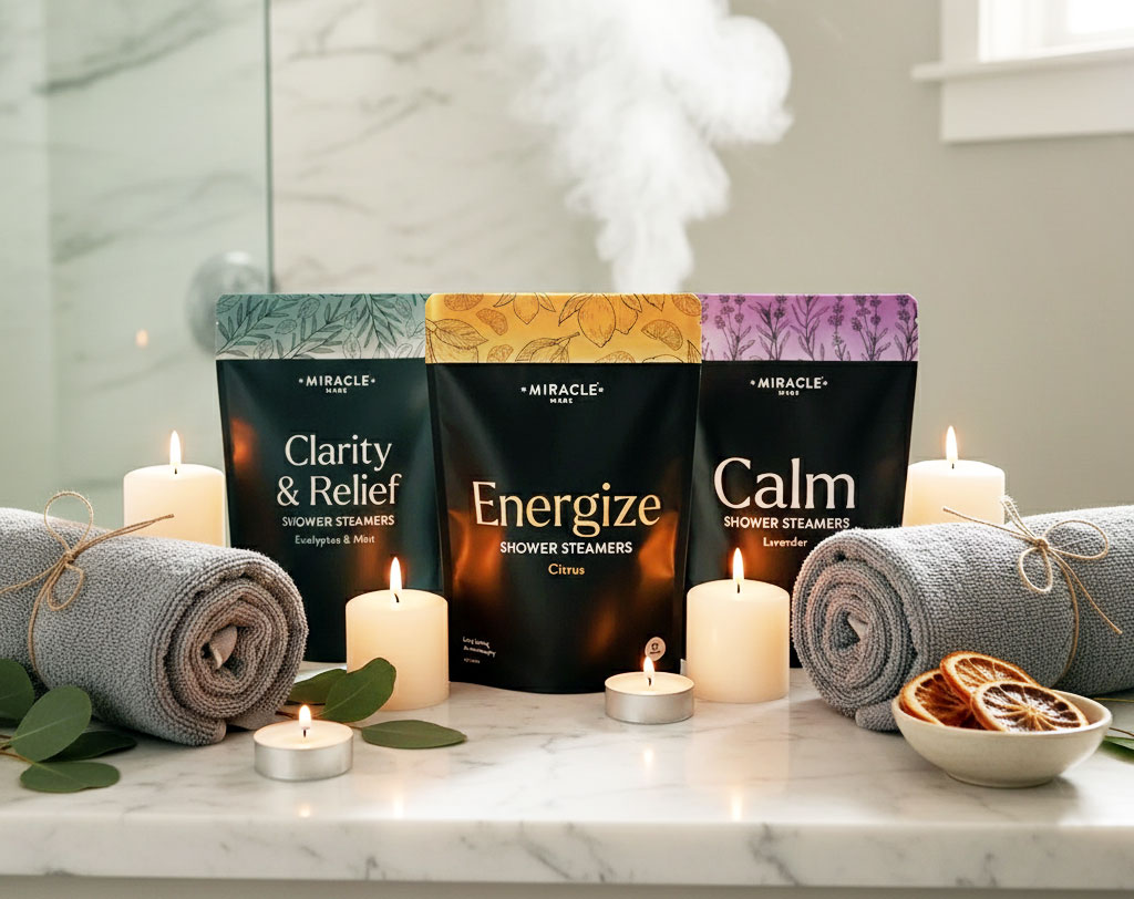 Miracle Made shower steamers in eucalyptus, citrus, and lavender scents