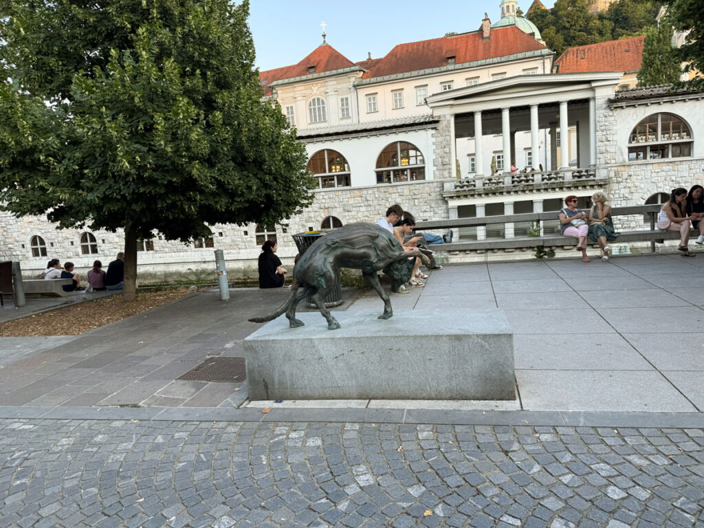 Ljubljana, Slovenia. Bronze statue of wolf on the butcher's bridge