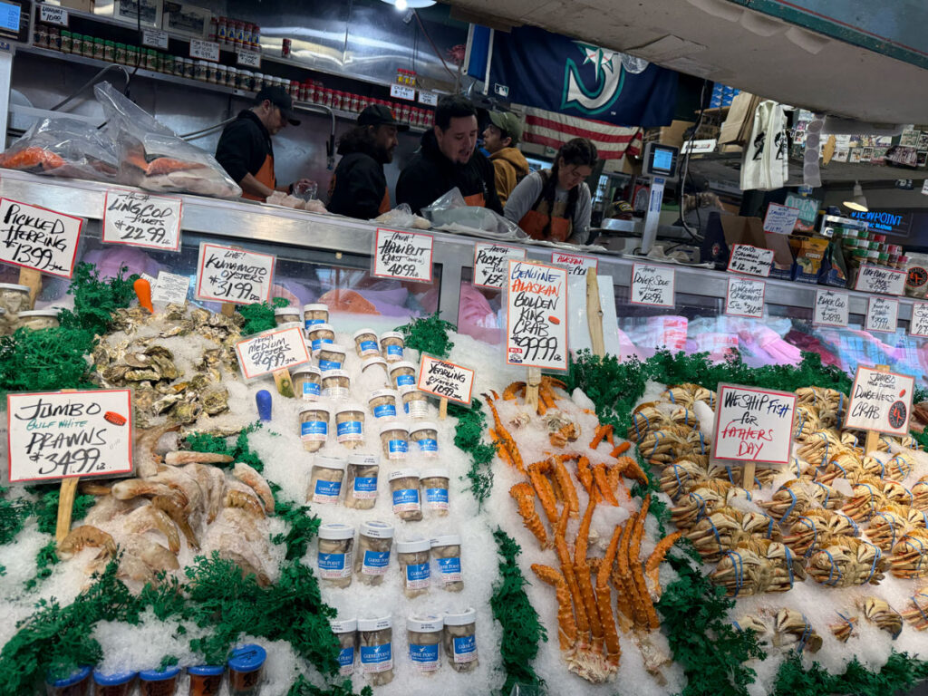 Fresh prawns, oysters, king crab legs and whole Dungeness crab