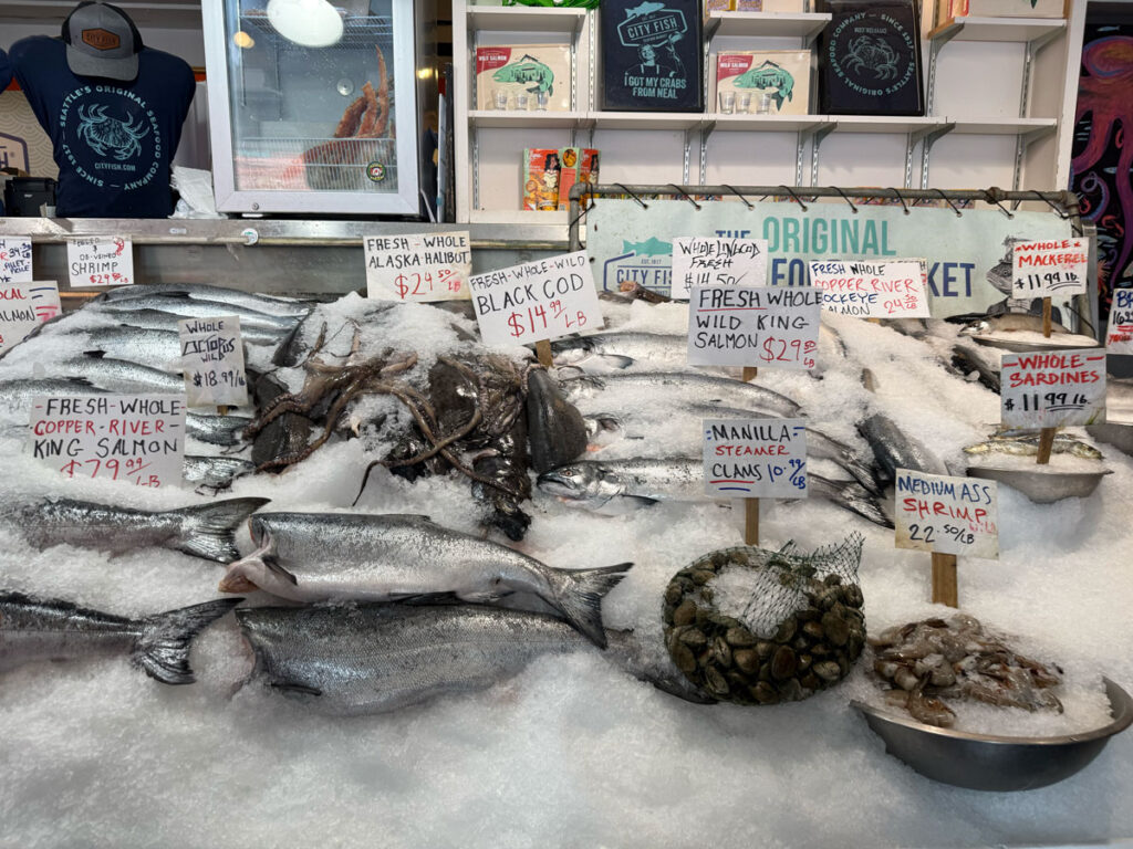 Wild king salmon, halibut, black cod, shellfish and whole fish on ice