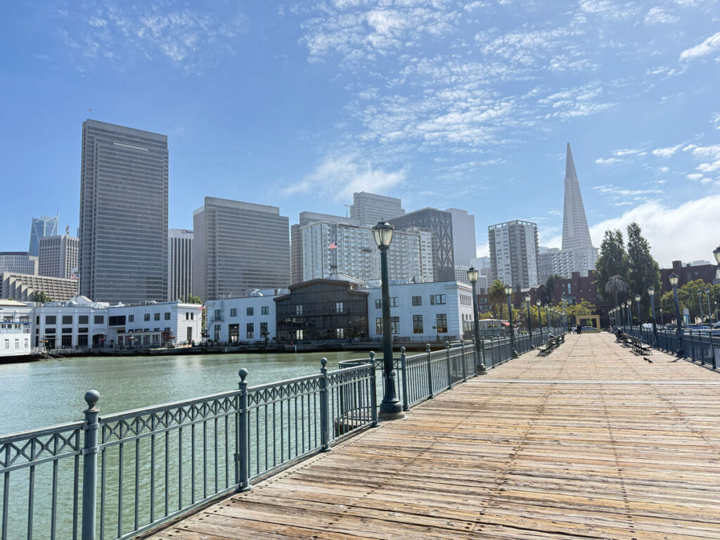 Pier 7's wooden walkway points straight
