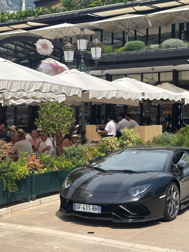 A Lamborghini parked outside a Casino Square cafe 