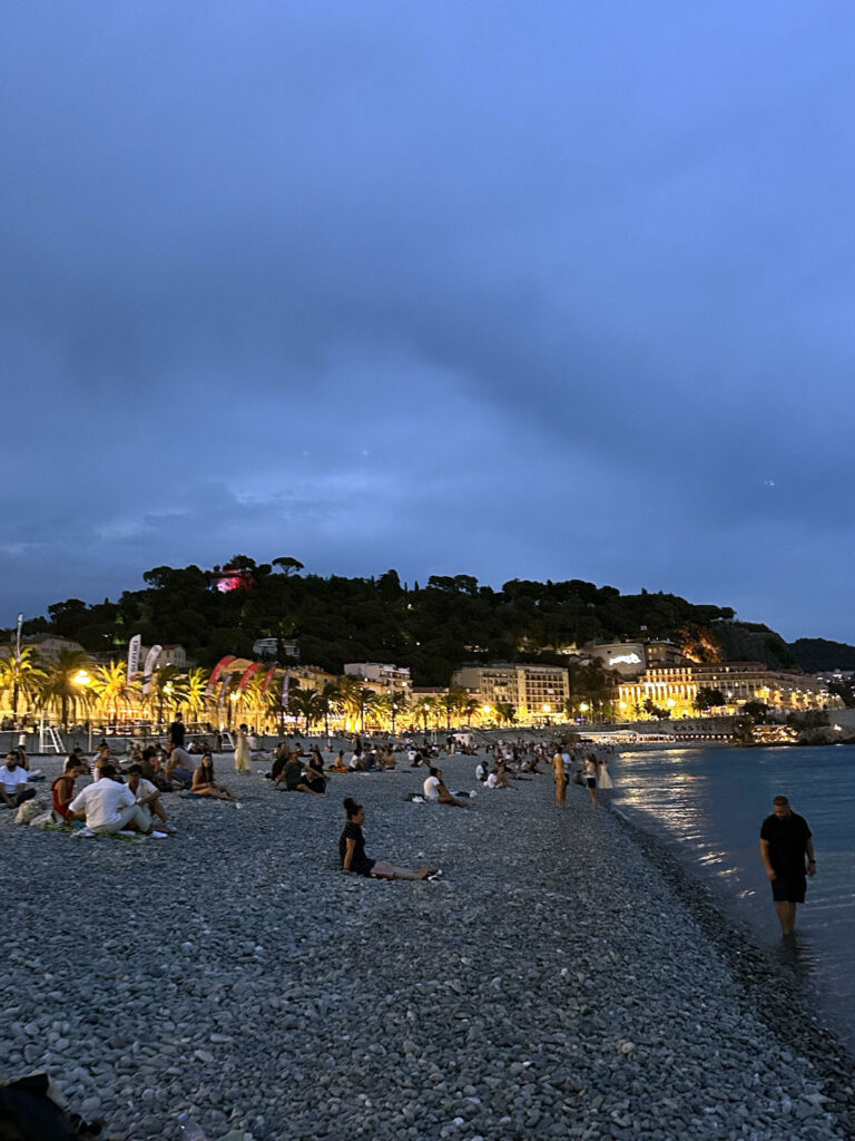 Nice's pebble beach after dark