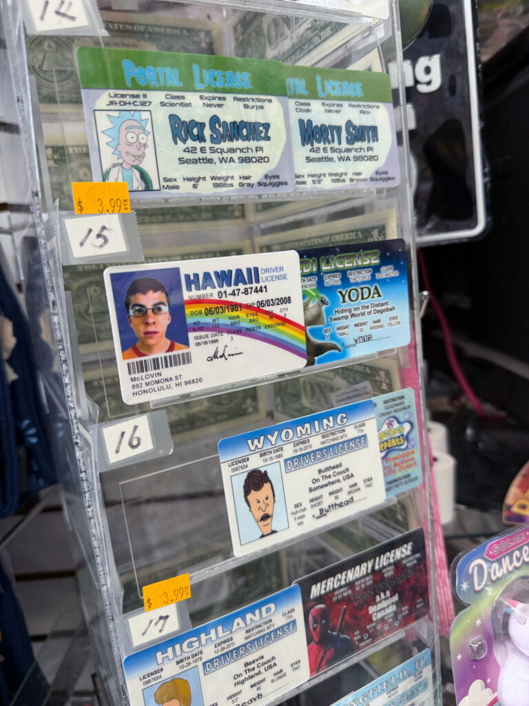 Novelty joke IDs at a State Street gift shop