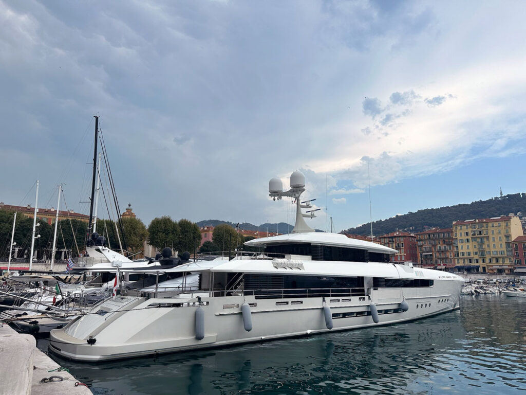A superyacht docked at Port Lympia