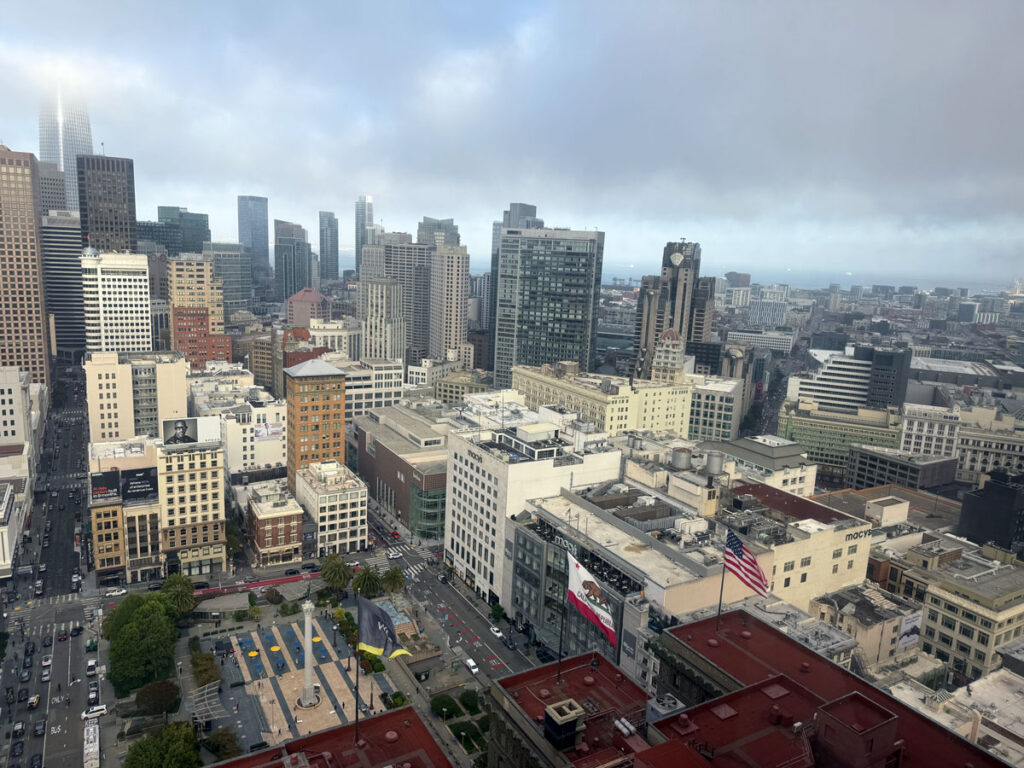 The view straight down onto Union Square itself from a high Tower Building floor