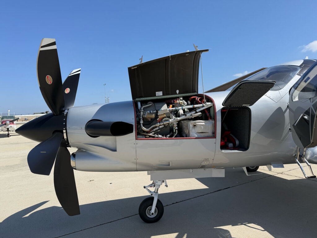 A turboprop with the engine cowl open