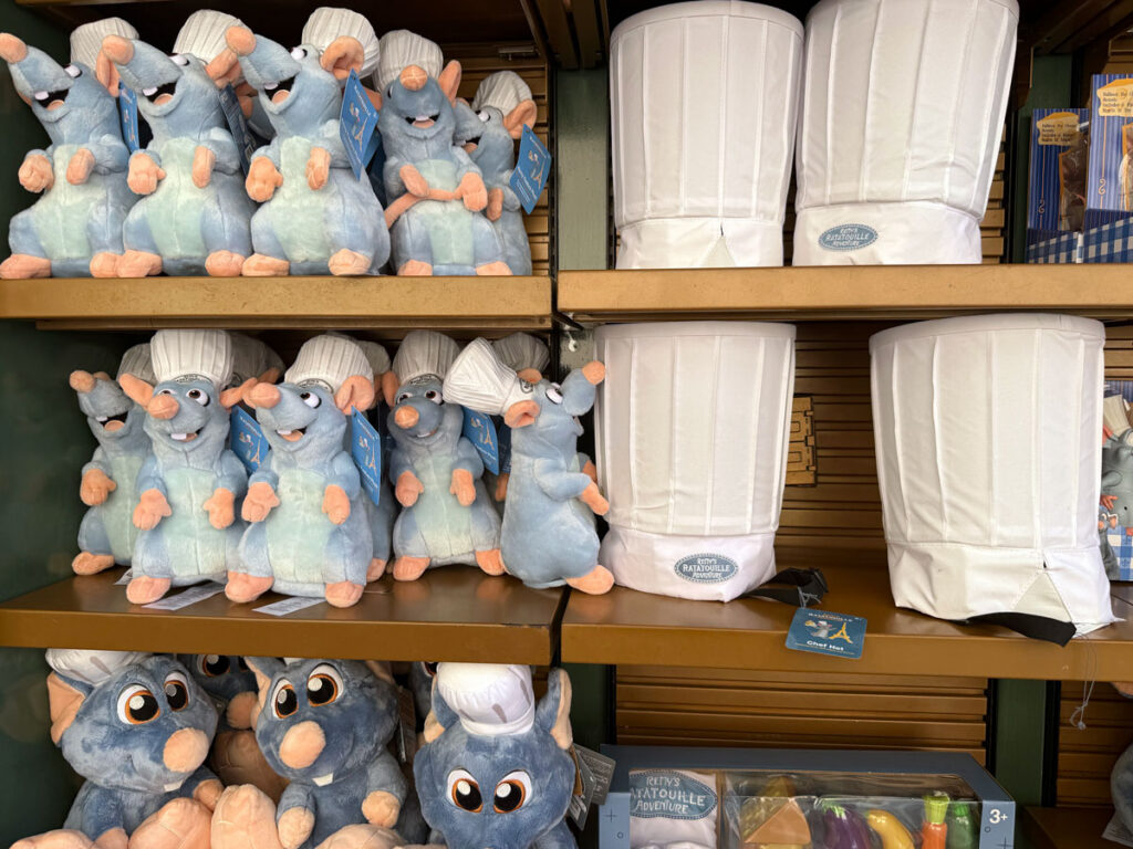Remy plush toys and chef hats at the ride's adjoining gift shop