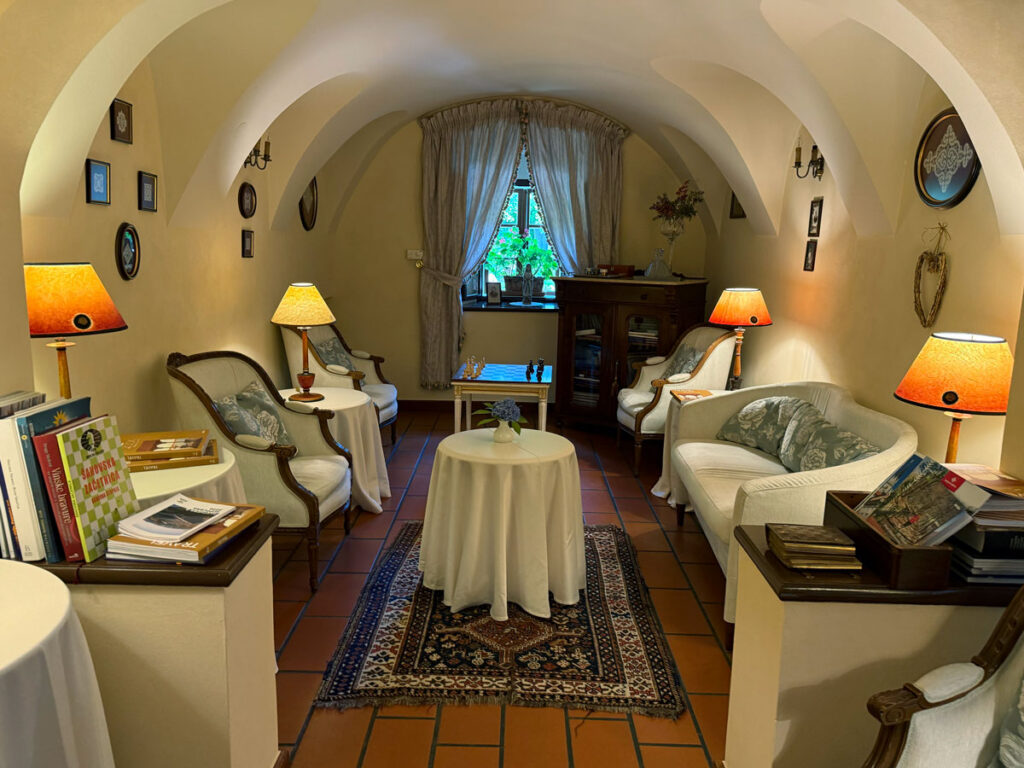 The vaulted lounge just off the entrance